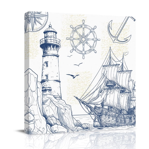 Canvas Wall Art, Nautical Ship Lighthouse Framed Canvas Prints for Bathroom Desk, Ocean Anchor Rudder Lines Art Small Gallery Wrapped Wall Decor for Home Office, Gifts, 8"x8" Ship Next Day