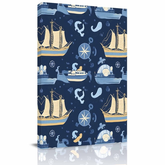 Canvas Wall Art, Navy Blue Boat Coastal Framed Canvas Prints for Kitchen Bedroom, Summer Ocean Nautical Small Gallery Wrapped Wall Decor for Home Office, Gifts, 8"x12" Ship Next Day