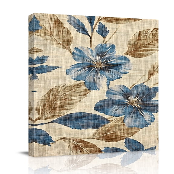 Canvas Wall Art, Navy Blue Brown Floral Framed Canvas Prints for Bathroom Desk, Tropical Palm Leaves Vintage Small Gallery Wrapped Wall Decor for Home Office, Gifts, 8"x8" Ship Next Day