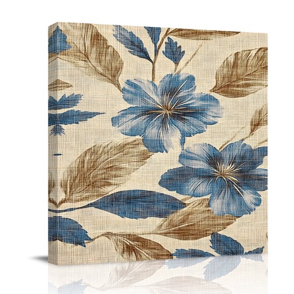 Canvas Wall Art, Navy Blue Brown Floral Framed Canvas Prints for Bathroom Kitchen, Tropical Palm Leaves Vintage Gallery Wrapped Wall Decor for Home Office, Gifts, 10"x10" Ship Next Day