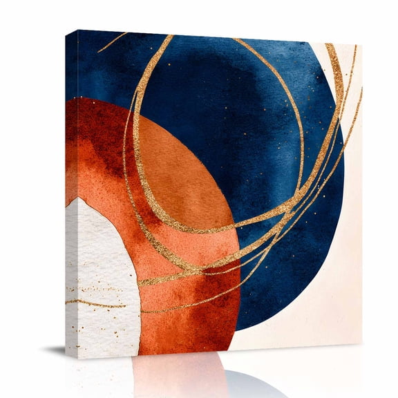 Canvas Wall Art, Navy Blue Burnt Orange Framed Canvas Prints for Bathroom Desk, Boho Art Modern Geometric Small Gallery Wrapped Wall Decor for Home Office, Gifts, 8"x8" Ship Next Day
