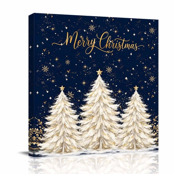Canvas Wall Art, Navy Blue Christmas Tree Framed Canvas Prints for Bathroom Desk, Golden Xmas Trees Snowflake Small Gallery Wrapped Wall Decor for Home Office, Gifts, 8"x8" Ship Next Day