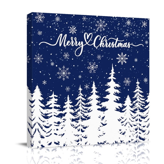 Canvas Wall Art, Navy Blue Christmas Trees Framed Canvas Prints for Living Room Bathroom, Winter Xmas Snowflakes Pine Forest Gallery Wrapped Wall Decor for Home Office, Gifts, 12"x12" Ship Next Day