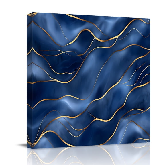 Canvas Wall Art, Navy Blue Marble Framed Canvas Prints for Bathroom Desk, Abstract Modern Golden Geometric Small Gallery Wrapped Wall Decor for Home Office, Gifts, 8"x8" Ship Next Day