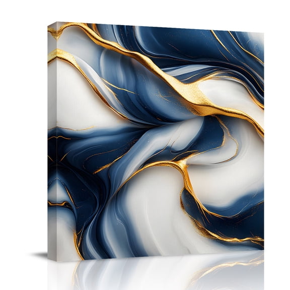 Canvas Wall Art, Navy Blue Marble Framed Canvas Prints for Living Room Bathroom, Gold Modern Art Gallery Wrapped Wall Decor for Home Office, Gifts, 12"x12" Ship Next Day
