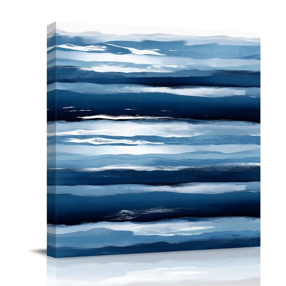 Canvas Wall Art, Navy Blue Ombre Framed Canvas Prints for Bedroom Office, Modern Oil Painting Waves Abstract Large Gallery Wrapped Wall Decor for Home Office, Gifts, 16"x16" Ship Next Day