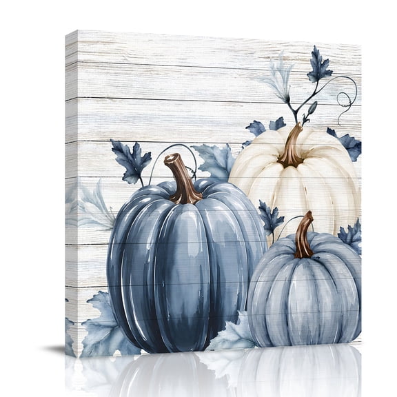 Canvas Wall Art, Navy Blue Pumpkin Fall Framed Canvas Prints for Bathroom Desk, Thanksgiving Botanical Wooden Small Gallery Wrapped Wall Decor for Home Office, Gifts, 8"x8" Ship Next Day