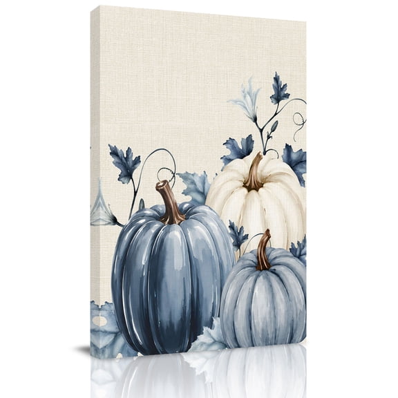 Canvas Wall Art, Navy Blue Pumpkin Fall Framed Canvas Prints for Living Room Office, Thanksgiving Botanical Rustic Vintage Large Gallery Wrapped Wall Decor for Home Office, Gifts, 16"x24"