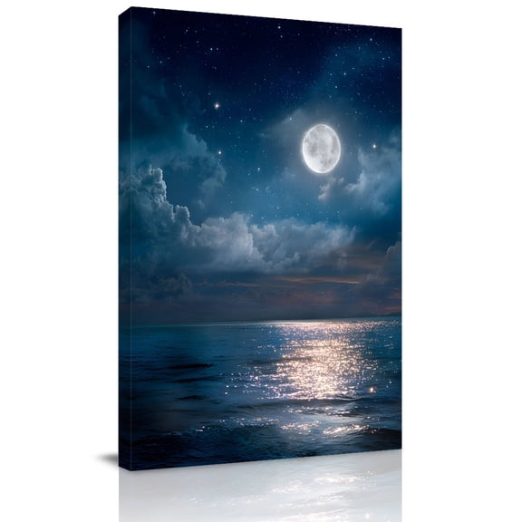 Canvas Wall Art, Navy Blue Sea Framed Canvas Prints for Bedroom Bathroom, Moon Nautical Summer Ocean Modern Art Gallery Wrapped Wall Decor for Home Office, Gifts, 11"x14" Ship Next Day