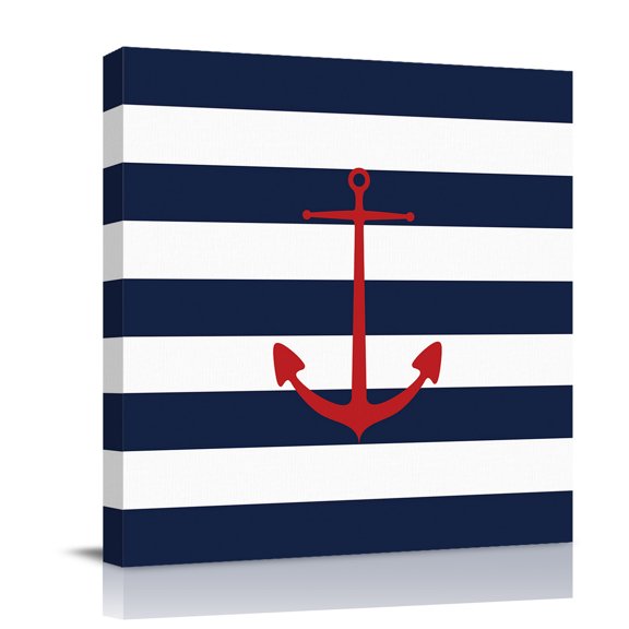 Canvas Wall Art, Navy Blue Striped Framed Canvas Prints for Bathroom Desk, Red Beach Nautical Anchor Ocean Coastal Small Gallery Wrapped Wall Decor for Home Office, Gifts, 8"x8" Ship Next Day