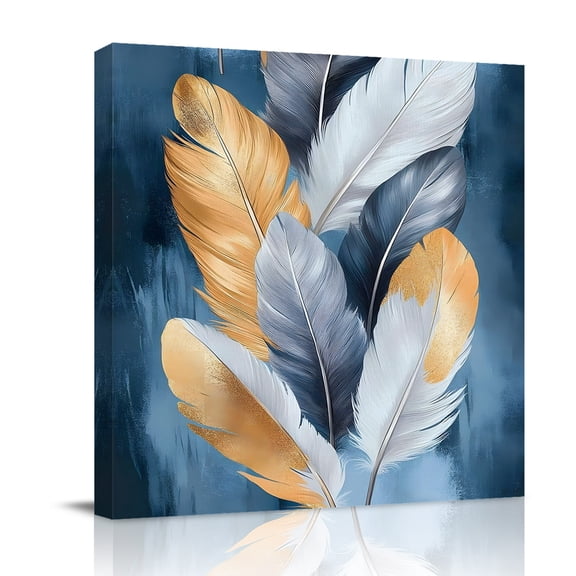 Canvas Wall Art, Navy Blue Yellow Feather Framed Canvas Prints for Bathroom Desk, Simpler Modern Abstract Art Small Gallery Wrapped Wall Decor for Home Office, Gifts, 8"x8" Ship Next Day