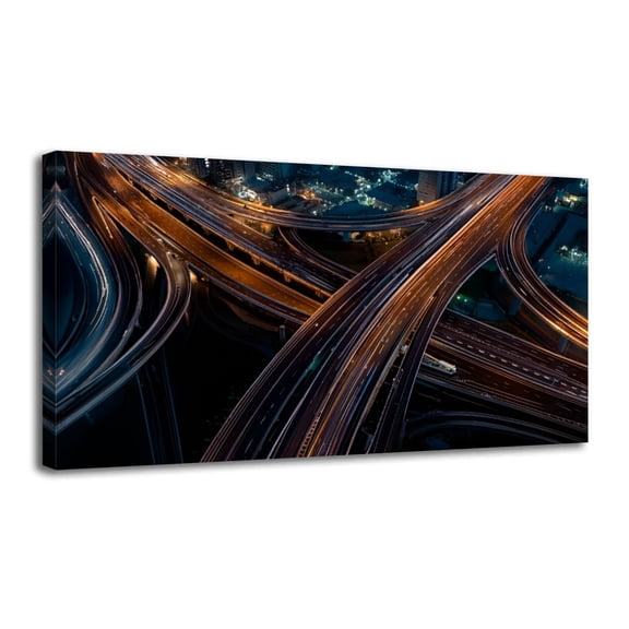 Canvas Wall Art Night photograph complicated intersecting highway Wall Decor for Living Room Bathroom Bedroom Office 20" x 40" Art Paintings, Ready to Hang