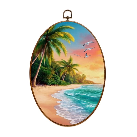 Canvas Wall Art Ocean Canvas Tropical Seascape Pictures Palm Tree Wall Decor Living Oval Framed Canvas Prints Vintage Wall Hanging Decor for Bedroom Home Gallery Bathroom 8.6"x11.4"