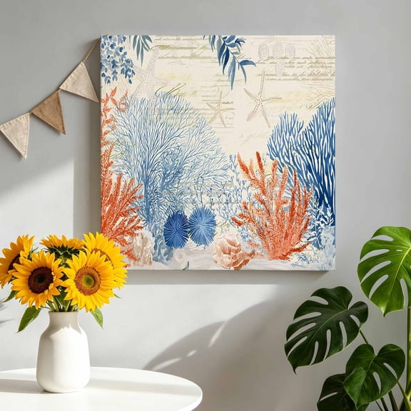 Canvas Wall Art Ocean Corals Canvas Art Print Summer Beach Coral Sea Stars Retro Texture Pictures Wall Decor for Living Room Bedroom Artwork Decorations Stretched Framed Ready to Hang 8"x8"