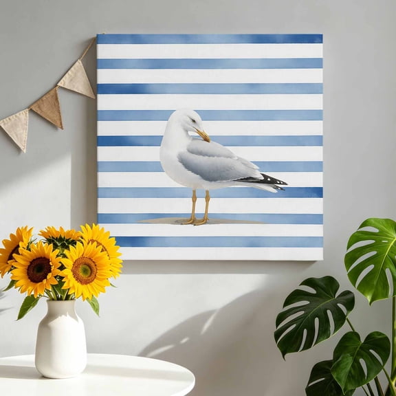 Canvas Wall Art Ocean Seagull Canvas Art Print Coastal Nautical Sea Bird Watercolor Blue Stripes Lines Pictures Wall Decor for Living Room Bedroom Artwork Decorations Framed Ready to Hang 8"x8"