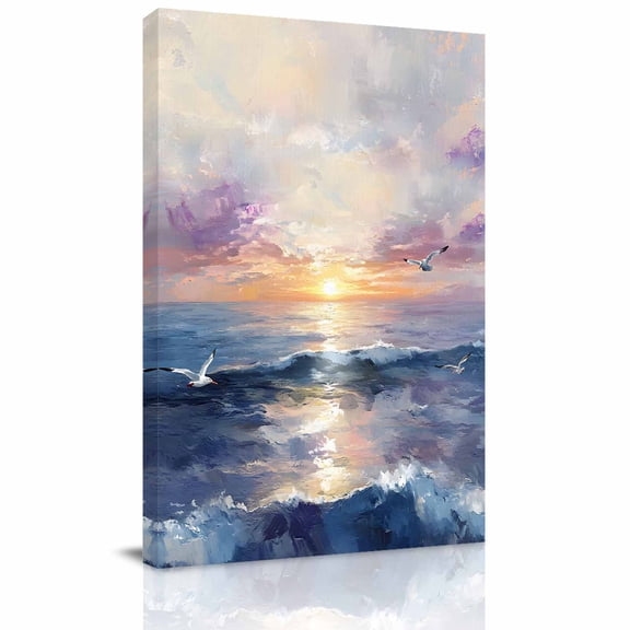 Canvas Wall Art, Ocean Sunset Framed Canvas Prints for Kitchen Bedroom, Seagull Modern Abstract Oil Painting Small Gallery Wrapped Wall Decor for Home Office, Gifts, 8"x12" Ship Next Day