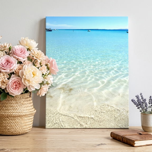Canvas Wall Art Ocean Turquoise Waves Canvas Art Print Seaside Beach Blue Sky Boat Pictures Wall Decor for Living Room Bedroom Artwork Decorations Stretched Framed Ready to Hang 8"x10"