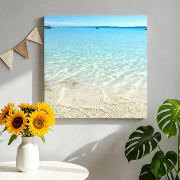 Canvas Wall Art Ocean Turquoise Waves Canvas Art Print Seaside Beach Blue Sky Boat Pictures Wall Decor for Living Room Bedroom Artwork Decorations Stretched Framed Ready to Hang 8"x8"