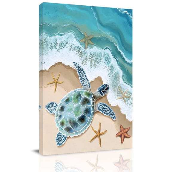 Canvas Wall Art, Ocean Turtle Framed Canvas Prints for Kitchen Bedroom, Gradient Turquoise Wave Starfish Beach Small Gallery Wrapped Wall Decor for Home Office, Gifts, 8"x12" Ship Next Day