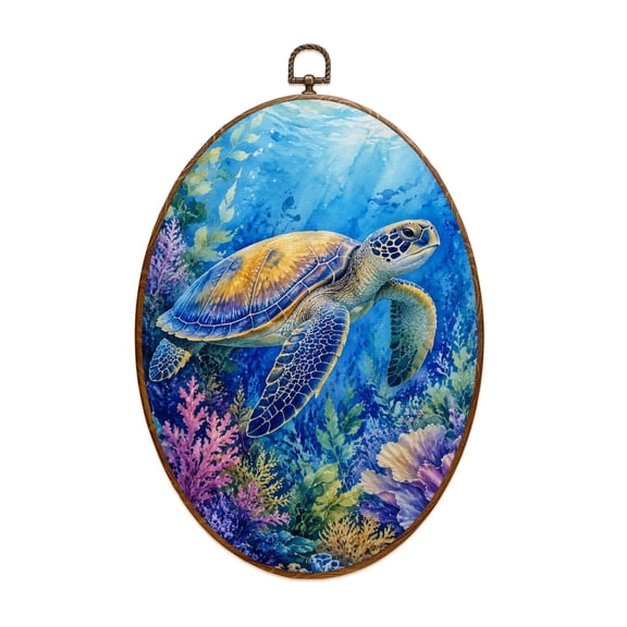 Canvas Wall Art Ocean Wall Decor Blue Turtle Sea Pictures Coastal Print Painting Oval Framed Canvas Prints Vintage Wall Hanging Decor for Home Decorations 8.6"x11.4"
