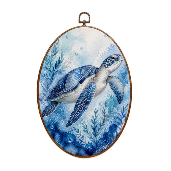 Canvas Wall Art Ocean Wall Decor Blue Turtle Sea Pictures Coastal Print Painting Oval Framed Canvas Prints Vintage Wall Hanging Decor for Home Decorations 8.6"x11.4"