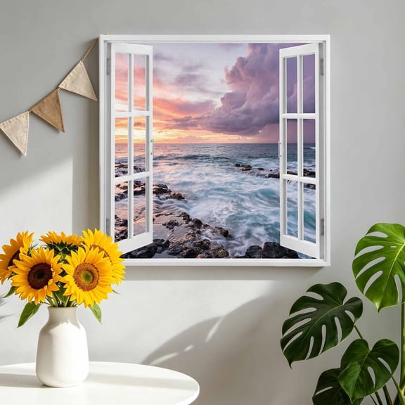 Canvas Wall Art Ocean Waves Canvas Art Print Open Window Dramatic Lavender Sunset Clouds Rocks Pictures Wall Decor for Living Room Bedroom Artwork Decorations Stretched Framed Ready to Hang 8"x8"