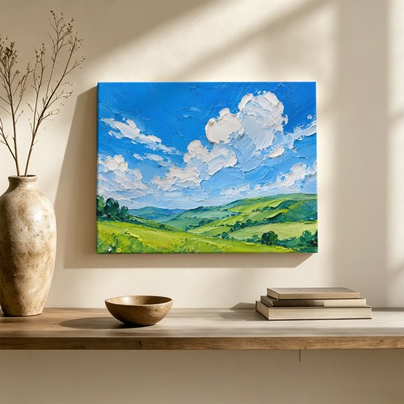 Canvas Wall Art, Oil Painting Framed Artwork for Living Room, Farmhouse Spring Mountain Nature Landscape Gallery Wrapped Canvas Prints Art Ready to Hang Wall Decor for Bedroom Office, 28"x22"