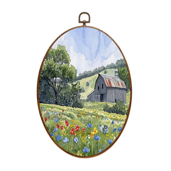 Canvas Wall Art Old Barn Vintage Farmhouse Farm Room Weathered Wood Field Flowers Bare Oval Framed Canvas Prints Gallery Artwork for Living Room Bedroom Office Apartment 8.6"x11.4"