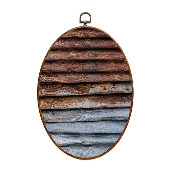 Canvas Wall Art Old Rusty Galvanized Metal Panel Surface Corrosion Rust Stripes Oval Framed Canvas Prints Vintage Wall Hanging Decor for Home Decorations 8.6"x11.4"