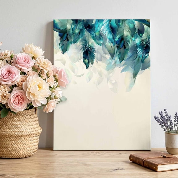 Canvas Wall Art Ombre Canvas Art Print Green Feather Gradient Pictures Wall Decor for Living Room Bedroom Artwork Decorations Stretched Framed Ready to Hang 24"x36"
