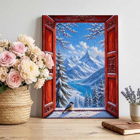 Canvas Wall Art, Open Window Framed Canvas Prints for Living Room Bedroom, Winter Bird Snowflake Pine Tee Mountains Gallery Wrapped Wall Decor for Home Office, Gifts, 12"x16" Ship Next Day