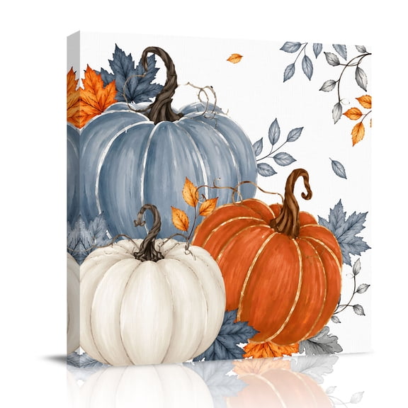 Canvas Wall Art, Orange Blue Fall Framed Canvas Prints for Bathroom Kitchen, Pumpkins Thanksgiving Autumn Botanical Gallery Wrapped Wall Decor for Home Office, Gifts, 10"x10" Ship Next Day