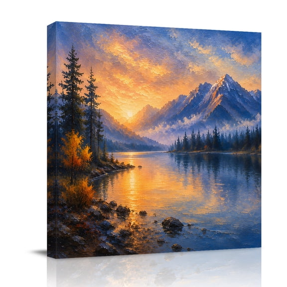 Canvas Wall Art, Orange Blue Mountains Framed Canvas Prints for Bathroom Desk, Farmhouse Rustic Forest Pine Trees Small Gallery Wrapped Wall Decor for Home Office, Gifts, 8"x8" Ship Next Day