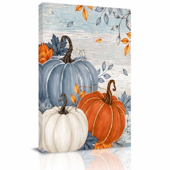 Canvas Wall Art, Orange Blue Pumpkin Fall Framed Canvas Prints for Living Room Office, Retro Maple Leaf Thanksgiving Extra Large Gallery Wrapped Wall Decor for Home Office, Gifts, 24"x32"