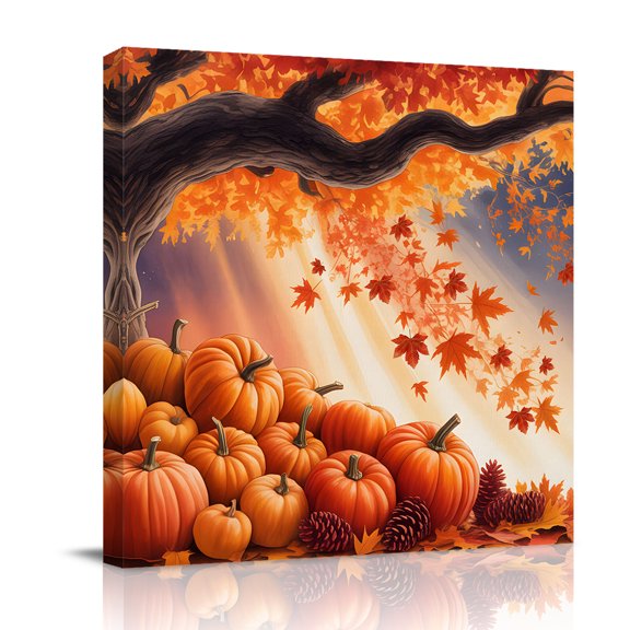 Canvas Wall Art, Orange Pumpkins Fall Framed Canvas Prints for Bathroom Desk, Maple Leaves Sunlight Forest Country Small Gallery Wrapped Wall Decor for Home Office, Gifts, 8"x8" Ship Next Day