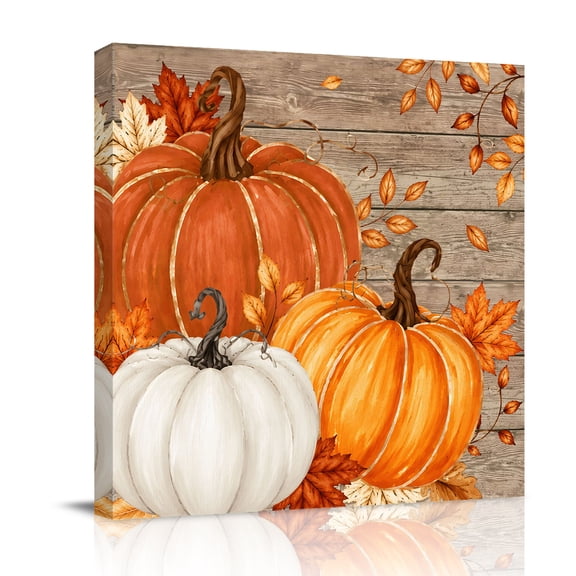 Canvas Wall Art, Orange Pumpkins Fall Framed Canvas Prints for Bathroom Kitchen, Vintage Autumn Leaves Wooden Thanksgiving Gallery Wrapped Wall Decor for Home Office, Gifts, 10"x10" Ship Next Day
