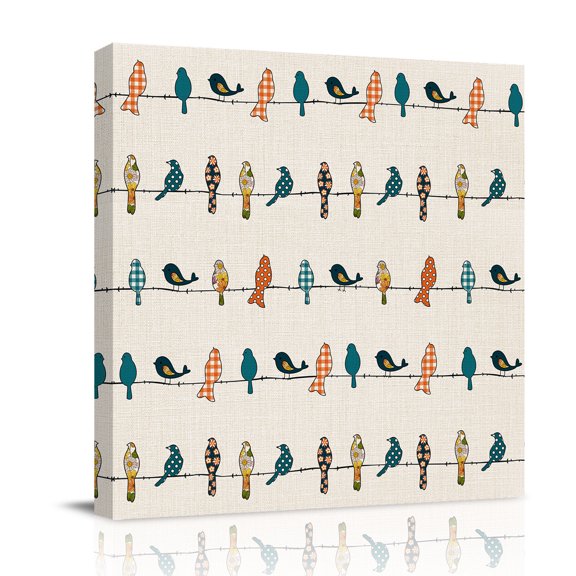 Canvas Wall Art, Orange Teal Plaid Framed Canvas Prints for Bedroom Office, Farmhouse Turquoise Spring Floral Birds Large Gallery Wrapped Wall Decor for Home Office, Gifts, 16"x16" Ship Next Day