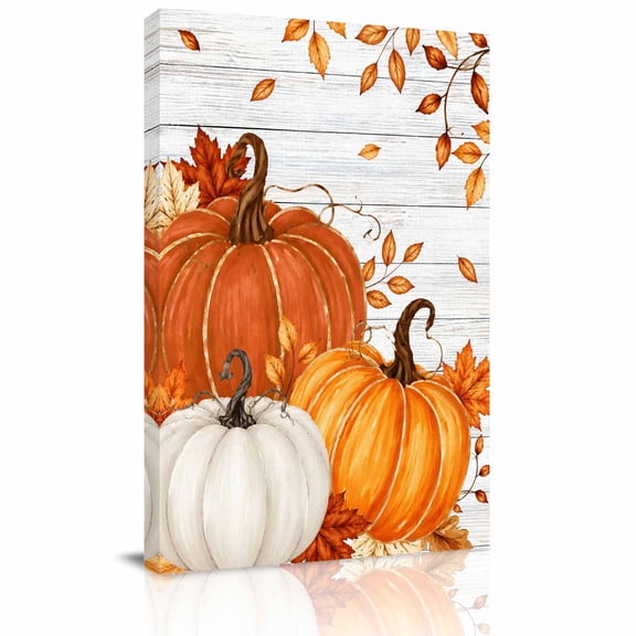Canvas Wall Art, Orange White Pumpkins Fall Framed Canvas Prints for Living Room Office, Thanksgiving Botanical Grey Wooden Extra Large Gallery Wrapped Wall Decor for Home Office, Gifts, 24"x32"