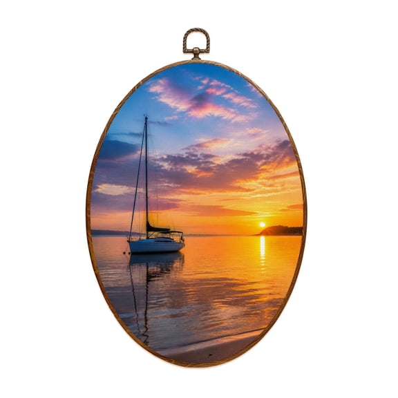 Canvas Wall Art Orange colored seascape sailboat sunset sky Oval Framed Canvas Prints Vintage Wall Hanging Decor for Home Decorations 8.6"x11.4"