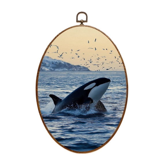 Canvas Wall Art Orca emerging from ocean sunset coast birds Oval Framed Canvas Prints Vintage Wall Hanging Decor for Home Decorations 8.6"x11.4"
