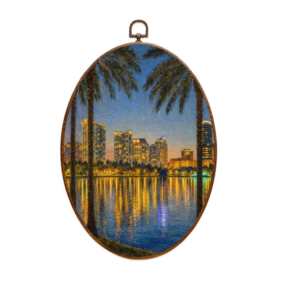 Canvas Wall Art Orlando Florida skyline Lake cityscape skyscrapers Oval Framed Canvas Prints Vintage Wall Hanging Decor for Home Bathroom Decorations Gift for Mom Women 8.6"x11.4"