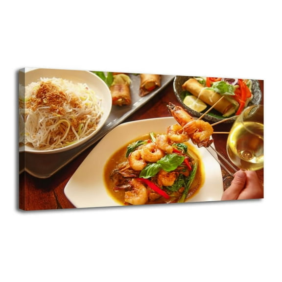 Canvas Wall Art Overhead shot Thai food table hand holding fork Wall Decor for Living Room Bathroom Bedroom Office 20" x 40" Art Paintings, Ready to Hang