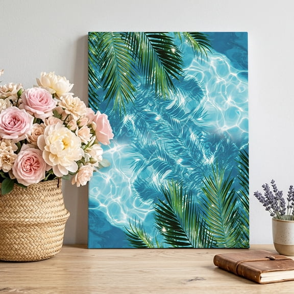 Canvas Wall Art Palm Leaves Canvas Art Print Summer Pool Sunshine Water Ripples Pictures Wall Decor for Living Room Bedroom Artwork Decorations Stretched Framed Ready to Hang 18"x24"