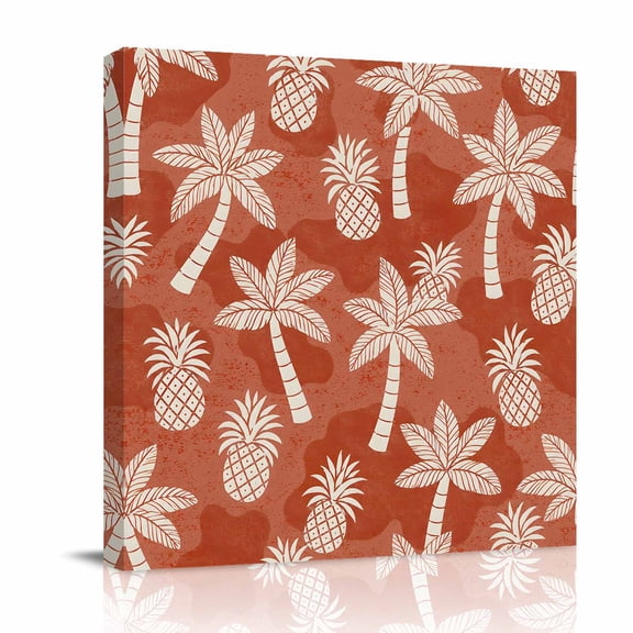 Canvas Wall Art, Palm Trees Pineapples Framed Canvas Prints for Bathroom Desk, Terracotta Tropical Coastal Plants Small Gallery Wrapped Wall Decor for Home Office, Gifts, 8"x8" Ship Next Day
