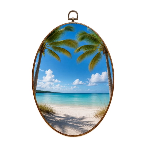 Canvas Wall Art Palm Trees Tropical Beach Clear Blue Coastal Modern Ocean Clouds Sand Oval Framed Canvas Prints Vintage Wall Hanging Decor for Home Decorations 8.6"x11.4"