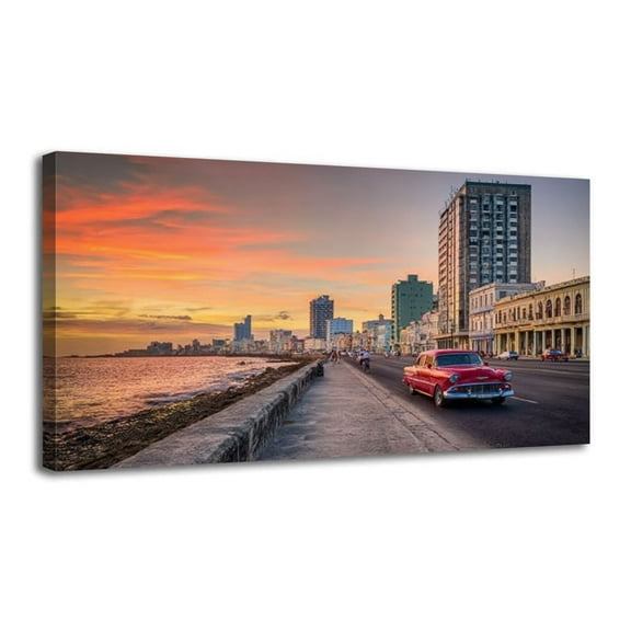 Canvas Wall Art Panoramic view el malecon havana sunset Cuba Wall Decor for Living Room Bathroom Bedroom Office 30" x 60" Art Paintings, Ready to Hang
