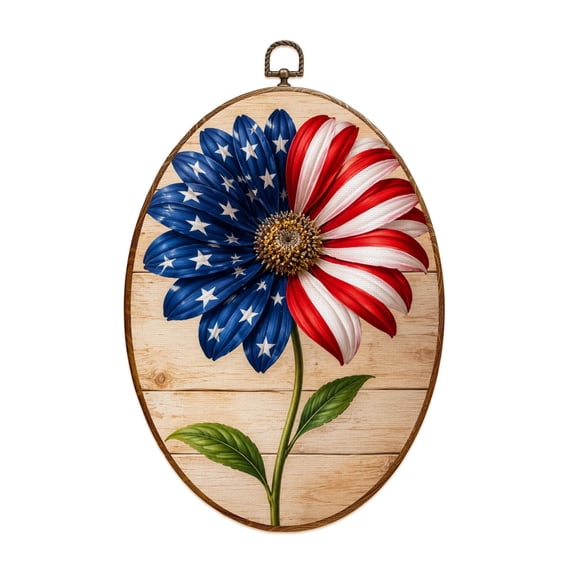 Canvas Wall Art Patriotic American Flag Sunflower Red White Blue Petals Oval Framed Canvas Prints Vintage Wall Hanging Decor for Home Decorations 8.6"x11.4"