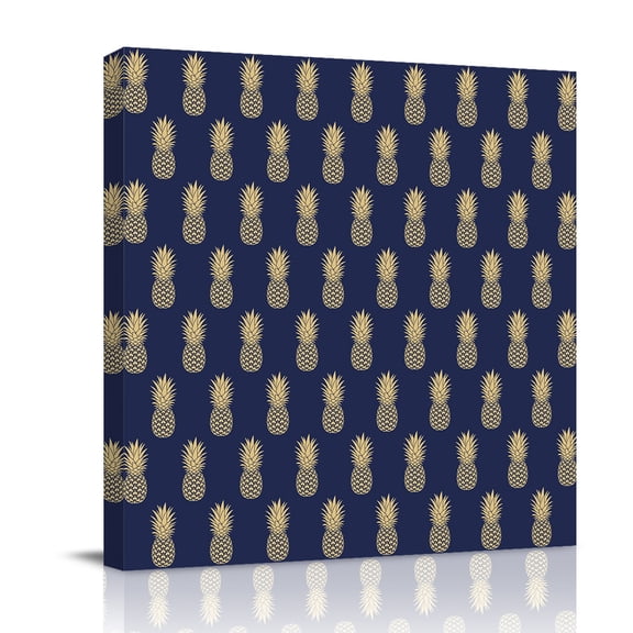 Canvas Wall Art, Pineapple Framed Canvas Prints for Bathroom Desk, Yellow Fruit Navy Blue Summer Tropical Small Gallery Wrapped Wall Decor for Home Office, Gifts, 8"x8" Ship Next Day