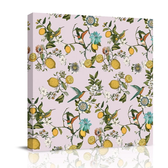 Canvas Wall Art, Pink Botanical Framed Canvas Prints for Bathroom Desk, Spring Floral Summer Lemon Birds Small Gallery Wrapped Wall Decor for Home Office, Gifts, 8"x8" Ship Next Day