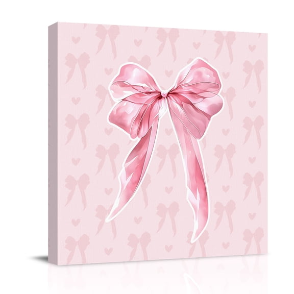 Canvas Wall Art, Pink Bow Framed Canvas Prints for Living Room Bathroom, Cute Watercolor Girls Cartoon Luxury Gallery Wrapped Wall Decor for Home Office, Gifts, 12"x12" Ship Next Day